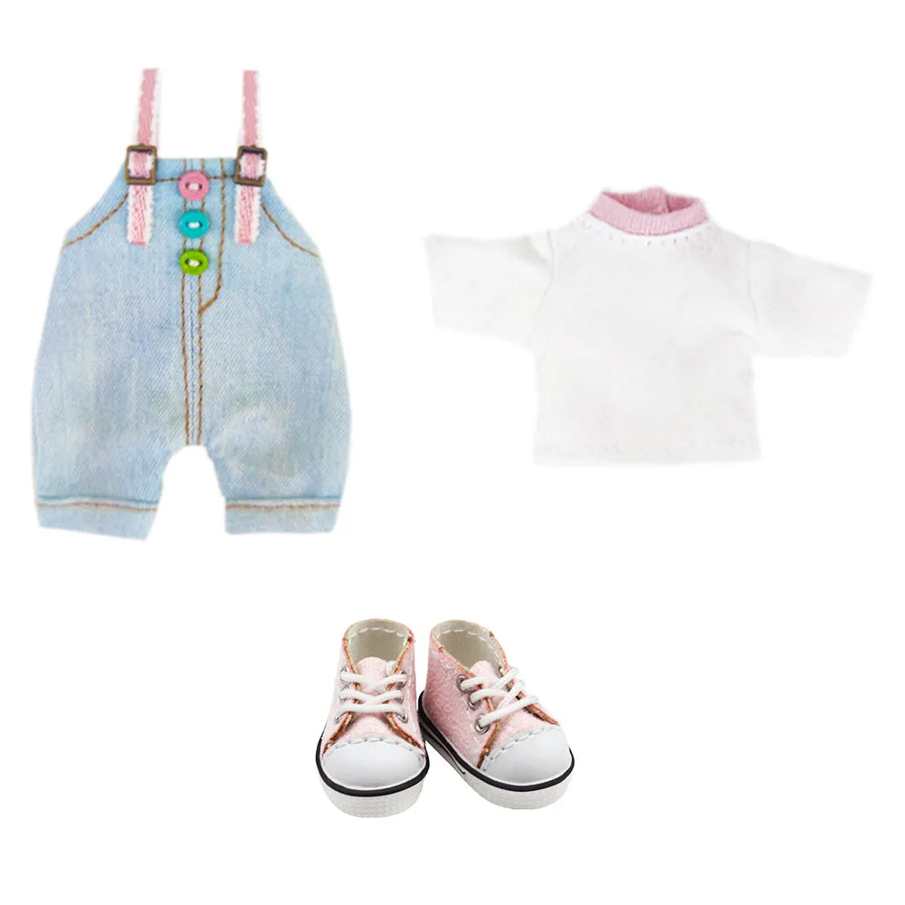 niannyyhouse 1/12 BJD Doll Clothes T-Shirt Overalls Shoes Denim Outfit OB11 4.3in Action Figures Doll Dressup